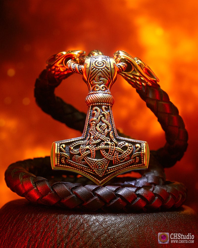 thor hammer, mjolnir, wolf, leather, necklace, mammen style