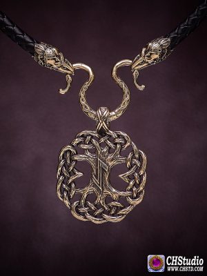 YGGDRASIL : Tree of Life with EIHWAZ Rune + Leather Necklace 6 mm