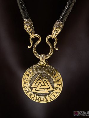 Valknut with Futhark Runes middle + Leather Necklace 6 mm